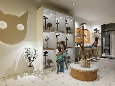 Cat Themed Mall Shop Featuring Display Shelves With Cat Trees Customers And Cat Face Decoration 3d model
