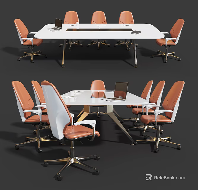 Modern White Conference Table With White And Orange Chairs And Laptop In Office 3d model 