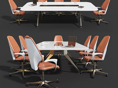 Modern White Conference Table With White And Orange Chairs And Laptop In Office 3d model