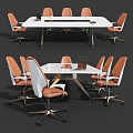 Modern White Conference Table With White And Orange Chairs And Laptop In Office