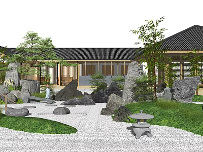 Traditional Japanese Karesansui Garden With Stones Greenery Pathway And Stone Lantern 3d model