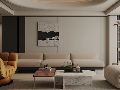 Modern Living Room Interior with Beige Sofa Orange Armchair Marble Coffee Table Decorative Painting 3d model
