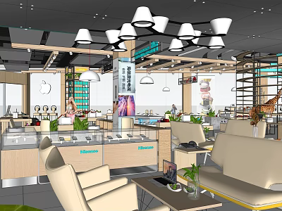 Modern Digital Store Interior With Display Counters Sofas Hanging Lights And Plants 3d model