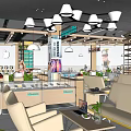 Modern Digital Store Interior With Display Counters Sofas Hanging Lights And Plants 3d model
