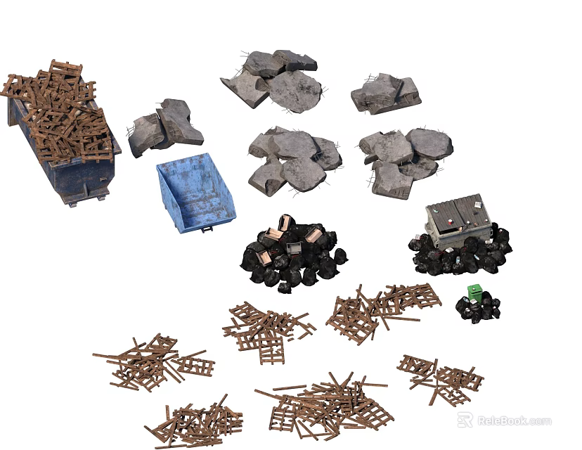 Miscellaneous Construction Materials With Wooden Logs Stones Blue Container And Tools 3d model