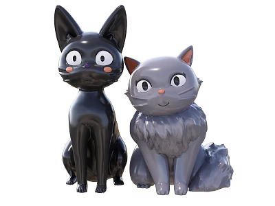 Cute Sitting Cat Dolls With Big Eyes Black And Gray Fluffy Design 3d model