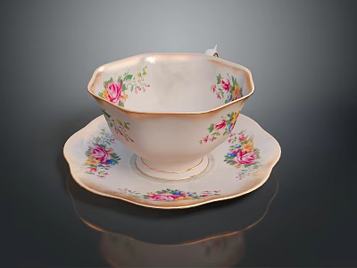 Vintage Porcelain Teacup And Saucer With Floral Pattern And Gold Trim 3d model