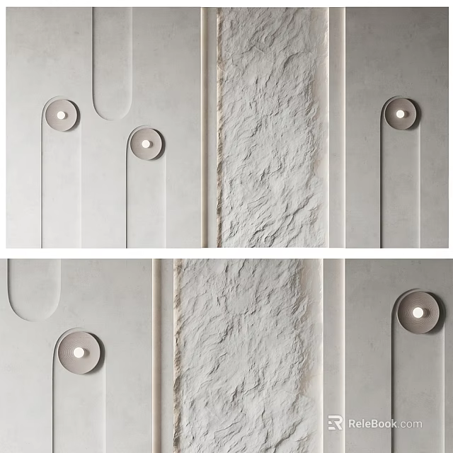 Modern Minimalist Bed Accent Wall With Textured Surface And Circular Decor 3d model 