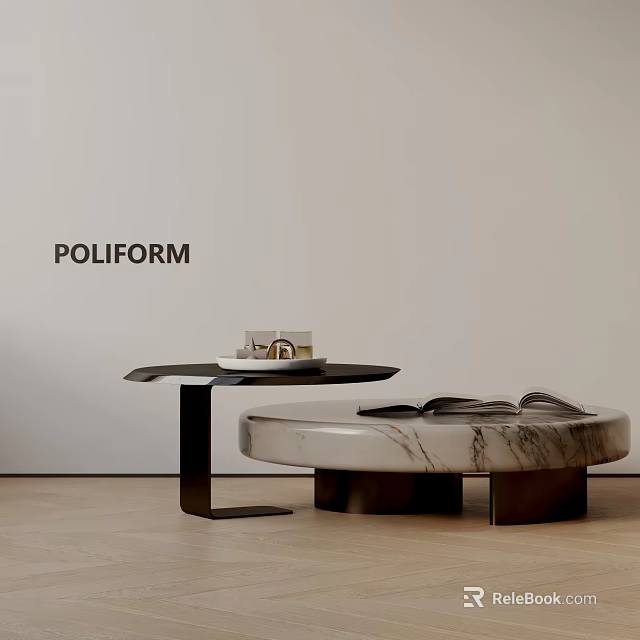 Poliform Modern Coffee Table Set With Round Marble Tops Metal Frames And Books 3d model