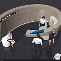 Modern Curved Front Desk Backdrop With Wooden Design And Staff Assisting Visitors