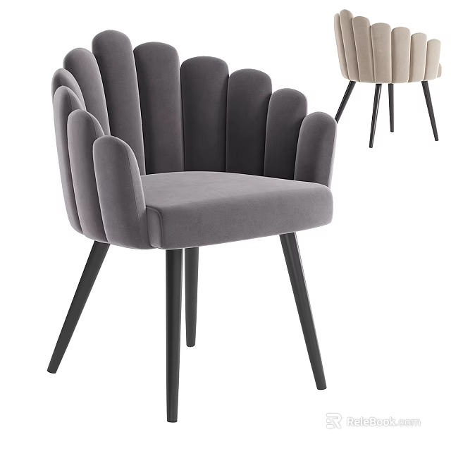 Modern Gray Velvet Armchair With Scalloped Back And Black Metal Legs 3d model 