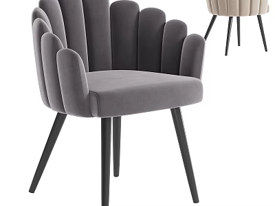 Modern Gray Velvet Armchair With Scalloped Back And Black Metal Legs 3d model