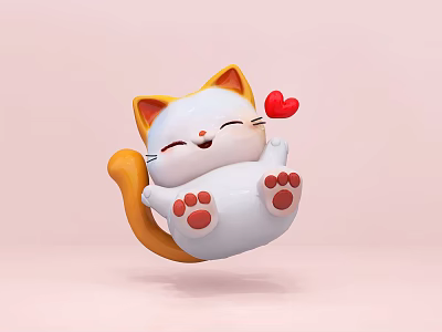 Cute White Cartoon Cat With Orange Ears Holding Red Heart And Pink Paws 3d model