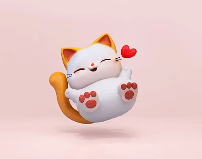 Cute White Cartoon Cat With Orange Ears Holding Red Heart And Pink Paws 3d model