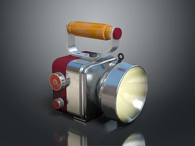 Vintage Flashlight With Wooden Handle Red Button And Lit Silver Metal Body 3d model