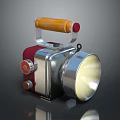 Vintage Flashlight With Wooden Handle Red Button And Lit Silver Metal Body