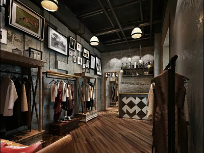 Industrial Style Clothing Store Interior With Clothing Racks Decorative Paintings Pendant Lights And Wooden Floors 3d model