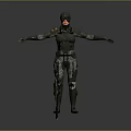 Futuristic Game Movie Character In Metallic Combat Suit With Helmet And Red Visor