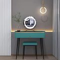 Modern Dressing Table With White Countertop Black Legs Round Mirror Stool And Green Plant