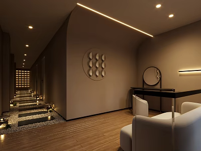 Stylish Modern Hotel Corridor Interior With Strip Lighting And Circular Wall Decorations 3d model