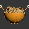 Cartoon Monster Shaped Spaghetti Noodles in Yellow Bowl with Googly Eyes and Red Tomato Pieces