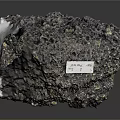 Natural Black Wood Stone With Golden Spots And Label On Dark Background
