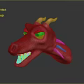 Fierce Red Dragon Head With Green Eyes Yellow Teeth Horns And Spiked Fins