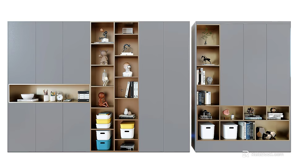 Modern Gray Bookcase With Multiple Shelves Decorative Items Books And Storage Boxes 3d model