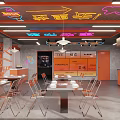 Modern Hotpot Restaurant Interior With Orange Ceiling Metal Chairs And Lighting Fixtures
