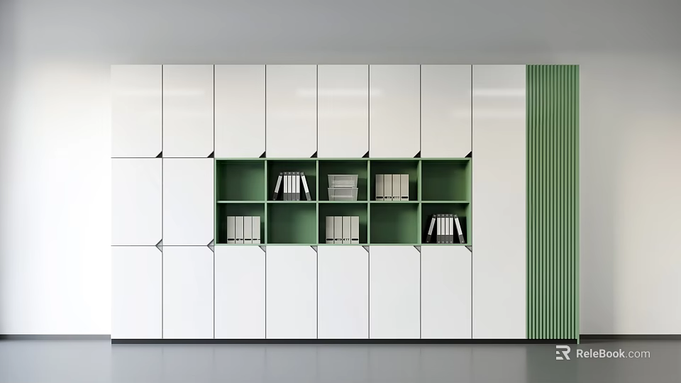 Modern Minimalist Bookcase With White Closed Cabinets And Green Open Shelves Design 3d model 