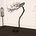 Bonsai Plant With Curved Trunk And Dried Branches On Square Wooden Base With Lantern Floor Lamp In Indoor Space