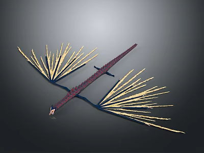 Game And Movie Dragon Character With Long Body Golden Feathery Wings Flying In Dark Scene 3d model