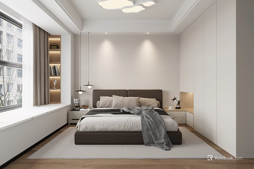 Modern Minimalist Bedroom Interior Design With King Bed White Wardrobe Wooden Floor And Area Rug 3d model 