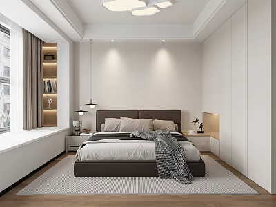 Modern Minimalist Bedroom Interior Design With King Bed White Wardrobe Wooden Floor And Area Rug 3d model