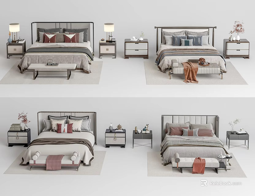 Double Bed with Bedside Tables Table Lamps and Decorative Items in Various Arrangements 3d model