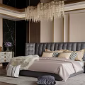Elegant Modern Bedroom Interior With Dark Leather Headboard Crystal Chandelier And Round Nightstand