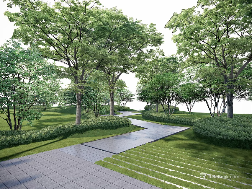 Garden Path Paving With Neatly Designed Walkway Surrounded by Green Trees and Lush Lawn 3d model 