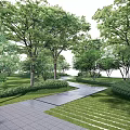 Garden Path Paving With Neatly Designed Walkway Surrounded by Green Trees and Lush Lawn