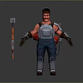3D Character With Cap Red Shirt Mechanical Arms Metal Vest Overalls And Large Hammer
