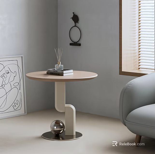 Modern Light Wood Side Table With Round Top Curved Legs Abstract Painting And Gray Sofa 3d model 