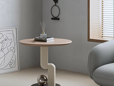 Modern Light Wood Side Table With Round Top Curved Legs Abstract Painting And Gray Sofa 3d model