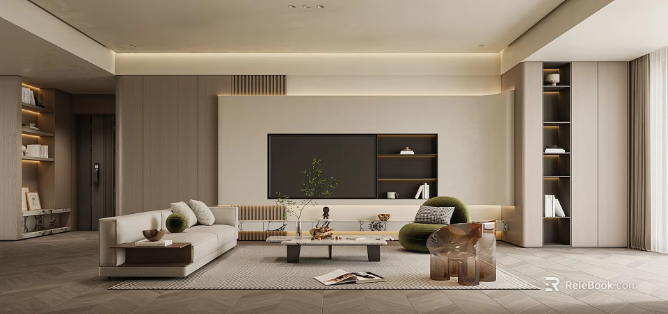 Modern Living Room Interior Design With White Sofa Green Armchair And TV Wall 3d model 