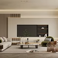 Modern Living Room Interior Design With White Sofa Green Armchair And TV Wall