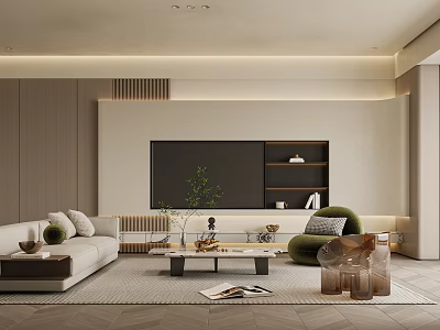 Modern Living Room Interior Design With White Sofa Green Armchair And TV Wall 3d model