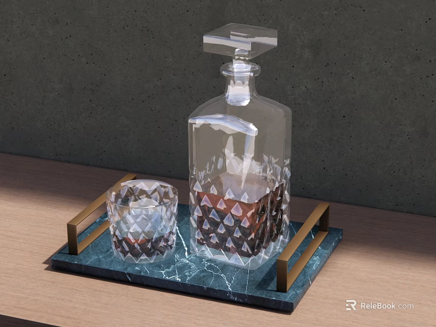Transparent Diamond Cut Decanter and Tumbler Tableware Set with Wooden Handle Tray on Wooden Table 3d model 