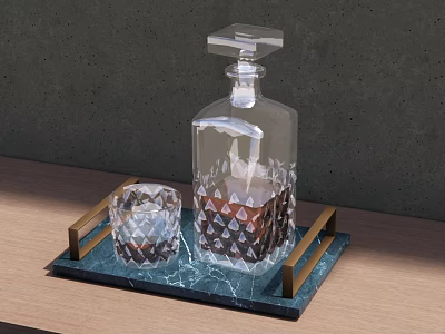 Transparent Diamond Cut Decanter and Tumbler Tableware Set with Wooden Handle Tray on Wooden Table 3d model