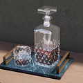 Transparent Diamond Cut Decanter and Tumbler Tableware Set with Wooden Handle Tray on Wooden Table
