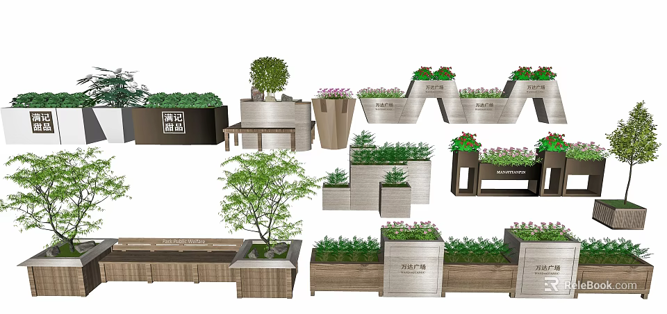 Various Stylish Flower Planters With Lush Green Plants And Unique Designs 3d model 
