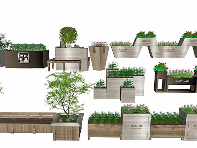 Various Stylish Flower Planters With Lush Green Plants And Unique Designs 3d model
