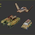 3D Model Golden Tank Featuring Flying Aircraft And Off Road SUV Design